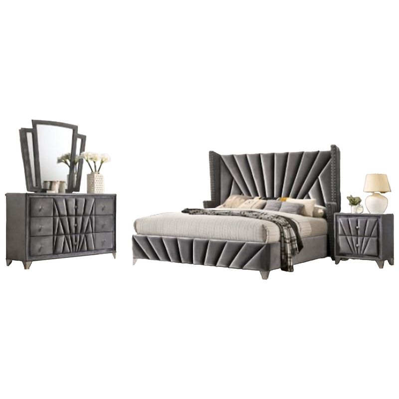 Ino 4pc Queen Bedroom Set with Wingback Headboard, Gray Upholstery image number 0