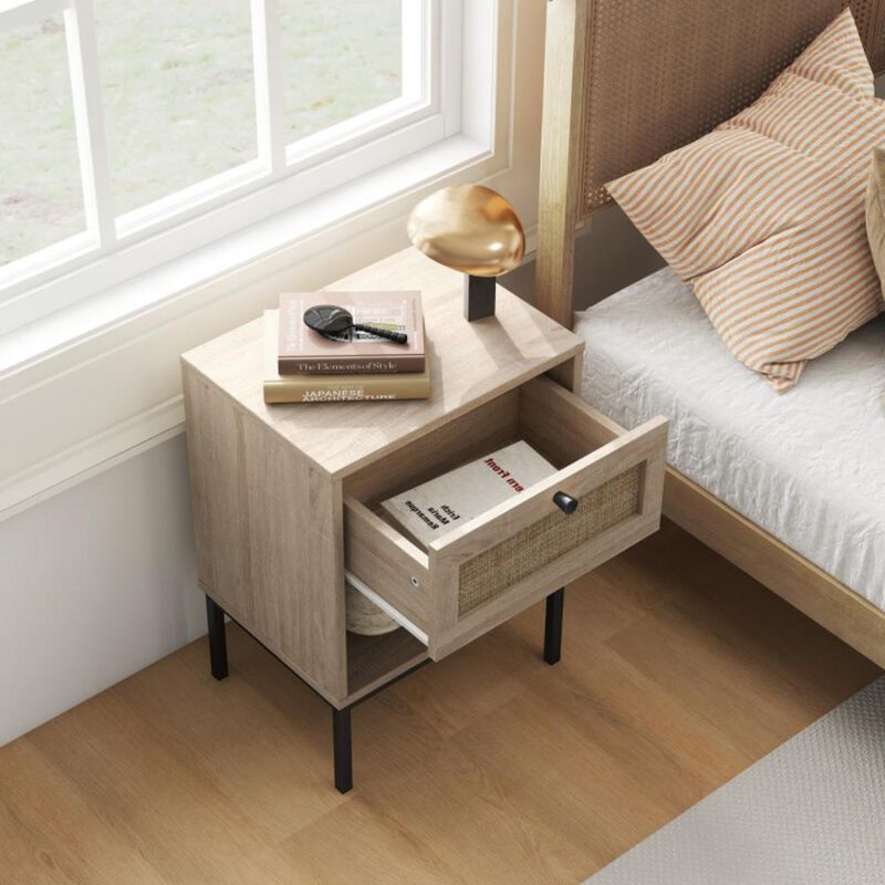 Hivvago Rattan Nightstand Boho End Table with Rattan Drawer and Open Shelf Set of 2