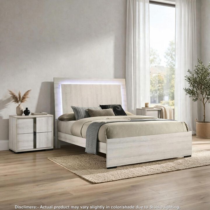 3pc King Bedroom Set, White Wash, Chrome, 2 Nightstands