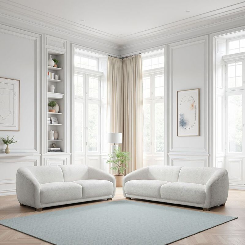 Oliver 2pc Sofa and Loveseat Set, Round Sloped Arms, Soft White Boucle - Benzara