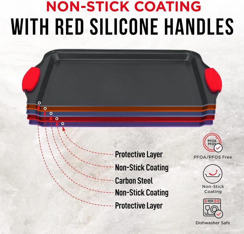 BAKKENMASTER Baking Set – 8 Piece Kitchen Oven Bakeware Set – Deluxe Non-Stick Black Coating Inside and Outside – Carbon Steel – Red Silicone Handles – PFOA PFOS and PTFE Free by Bakken