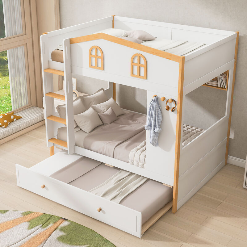 Merax House-Shaped Bunk Bed with Storage Shelves, Side Hooks & Pull-Out Trundle image number 2