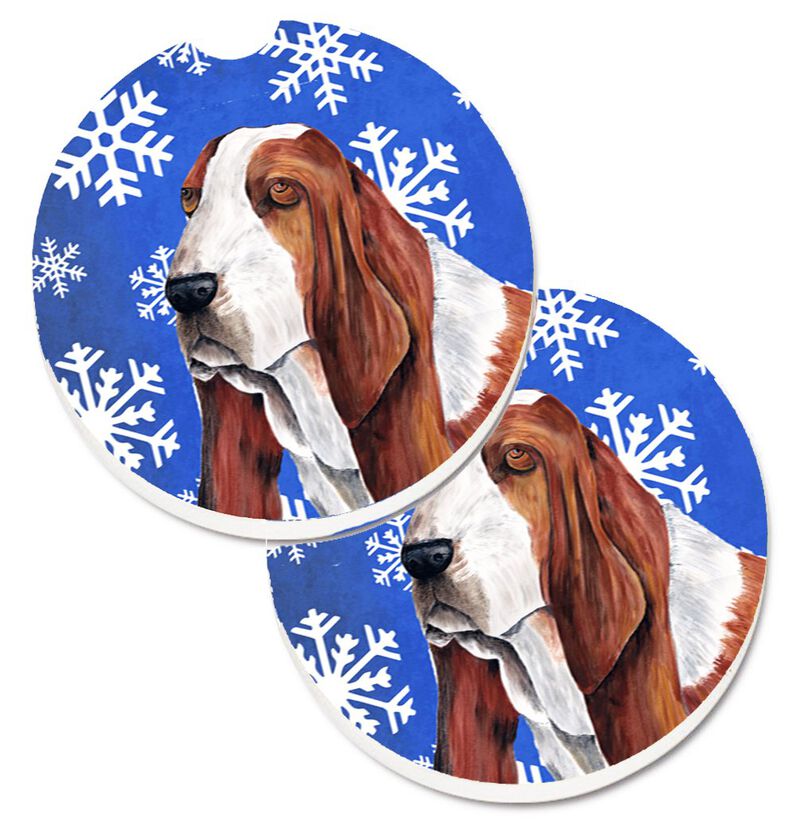 Caroline's Treasures Basset Hound Winter Snowflakes Holiday Set of 2 Cup Holder Car Coasters SC9372CARC, 2.56, Multicolor image number 0