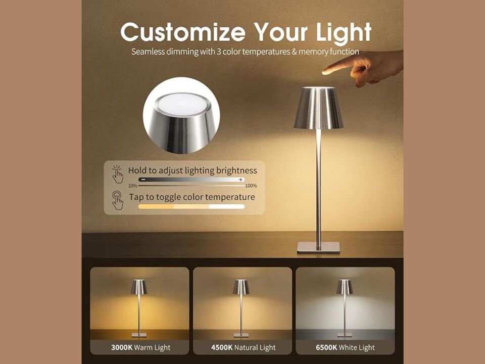 Cordless Lamp &ndash; Portable Waterproof Rechargeable Table Light, 3 Color Temps Silver