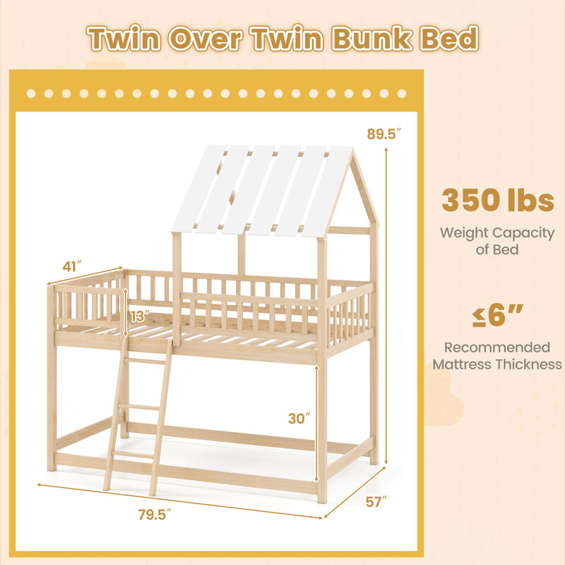 Kids Twin Over Twin House Bunk Bed with Roof & Safety Guardrails-Natural image number 2