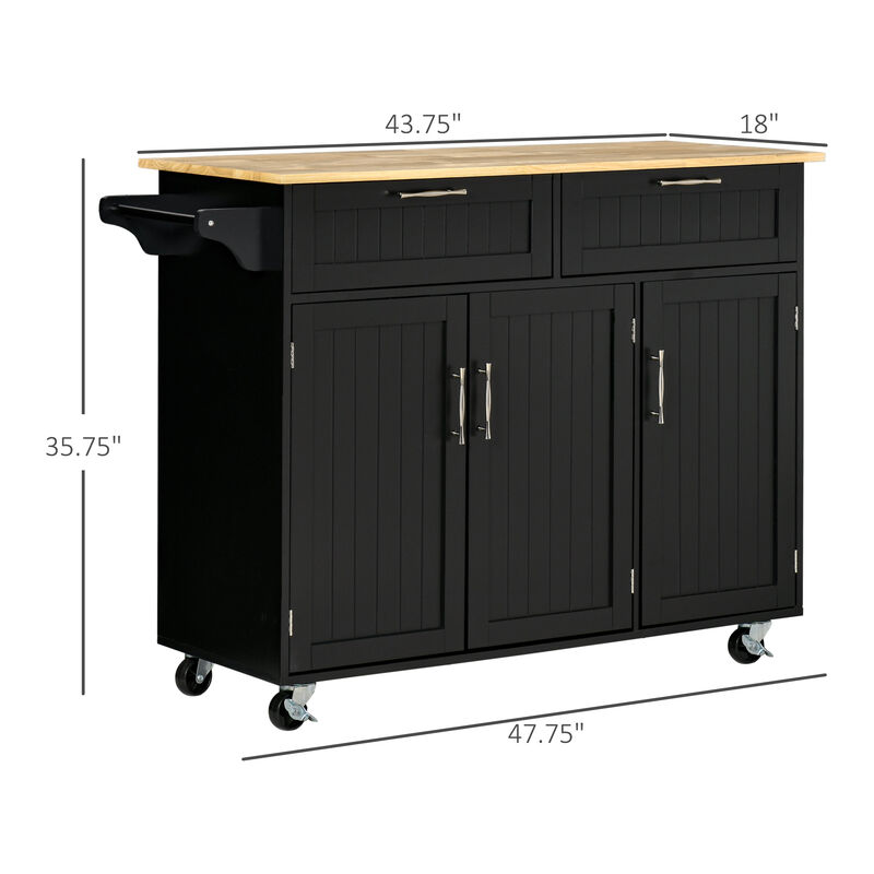 48" Kitchen Island Utility Rolling Cart w/ 2 Storage Drawers & 3 Cabinets, Black