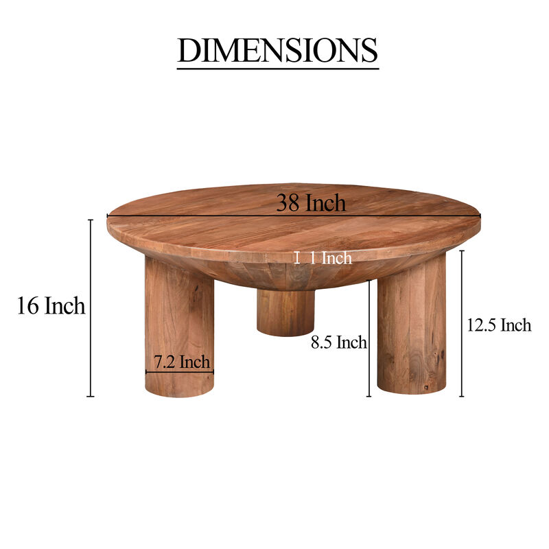 Meridian Coffee Table, 38 Inch Round Top, 3 Column Pillar Legs, Natural Brown Mango Wood image number 4