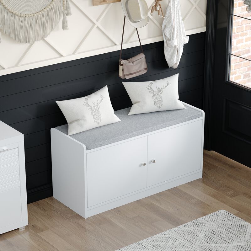 35.8 in. W x 18.1 in. H 8-Pair Shoes White Wood Shoe Storage Bench with 2 Doors and 4-Shelves Storage Compartment