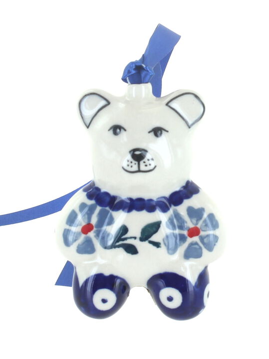 Blue Rose Polish Pottery Snow Flurry Teddy Bear Ornament