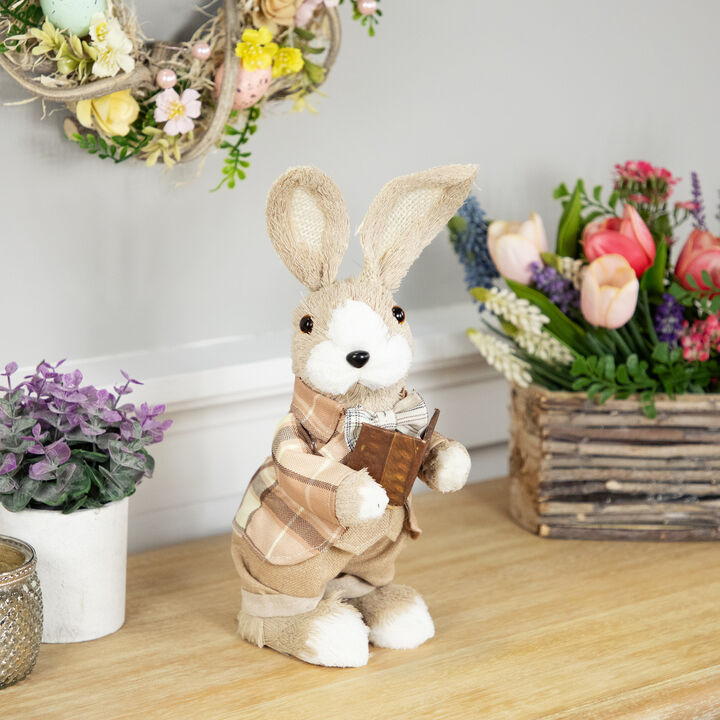 Boy Easter Rabbit Figurine with Plaid Jacket - 12" - Beige