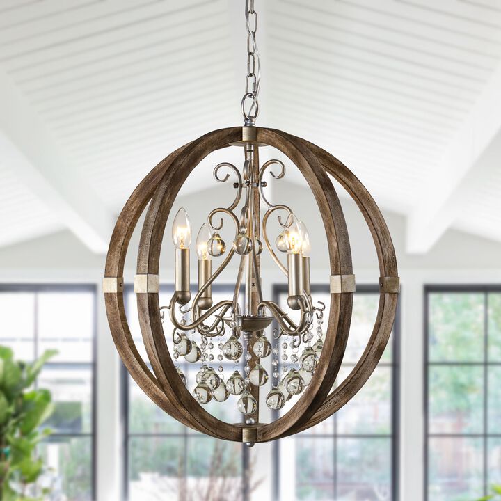 21.7 in. 4-Light Wood Vintage Brown Chandelier