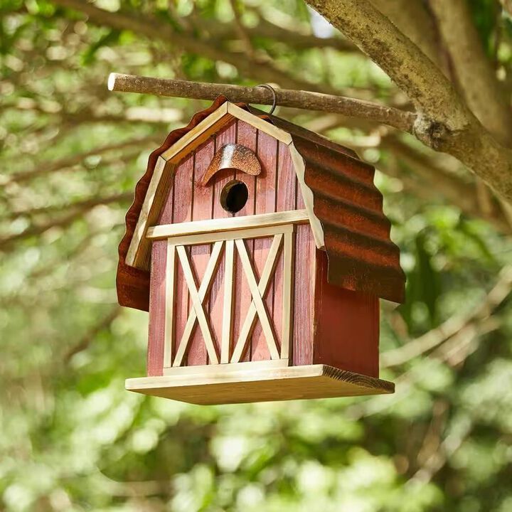 Hivvago Outdoor Red Wood and Metal Barn Style Hanging Bird House
