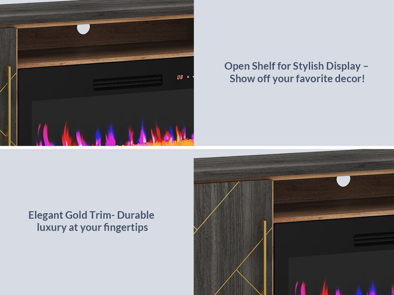 BELLEZE 68 Inch Electric Fireplace TV Stand With Gold Grim, Elegant Entertainment Center With Storage, Media Console With Drawers & Open Shelves for Living Room, Bedroom Home Theater (Espresso Black)