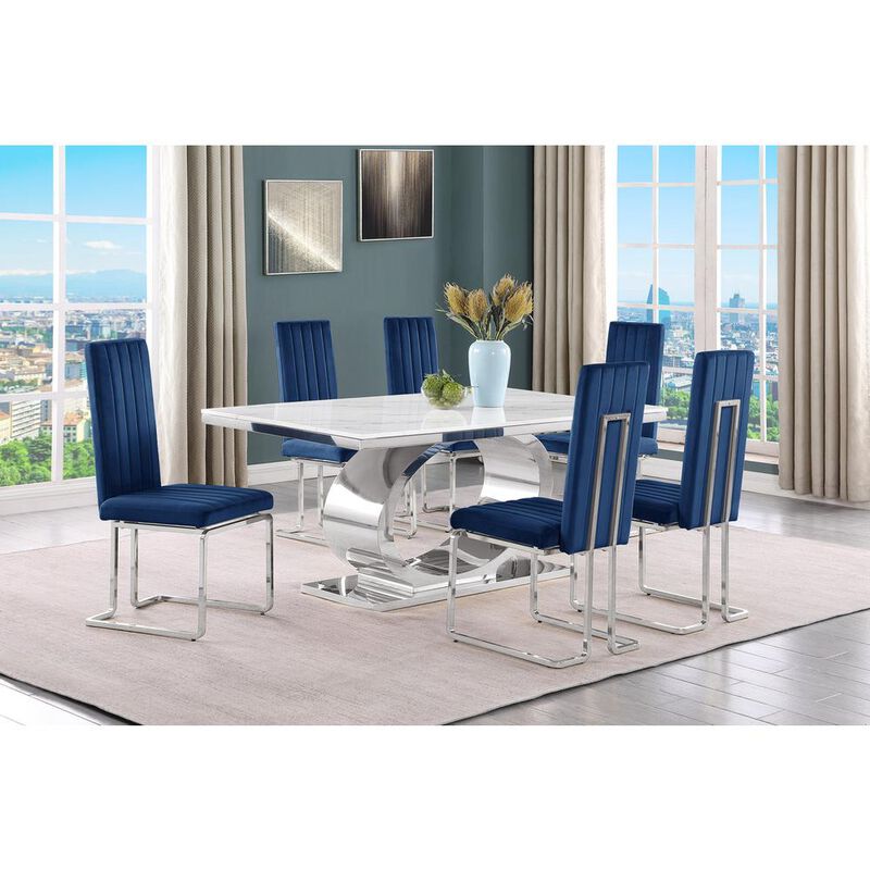 7pc Small(68") marble top dining set with silver base and 6 Navy blue chairs