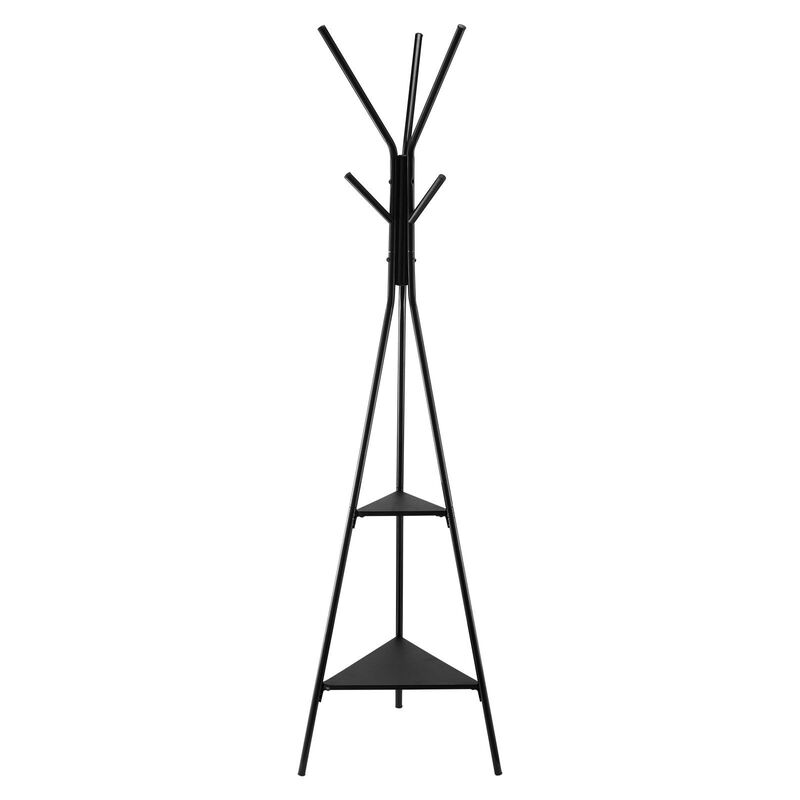 Freestanding Coat Rack with 2 Shelves and 6 Hooks, Entryway Coat Stand image number 0