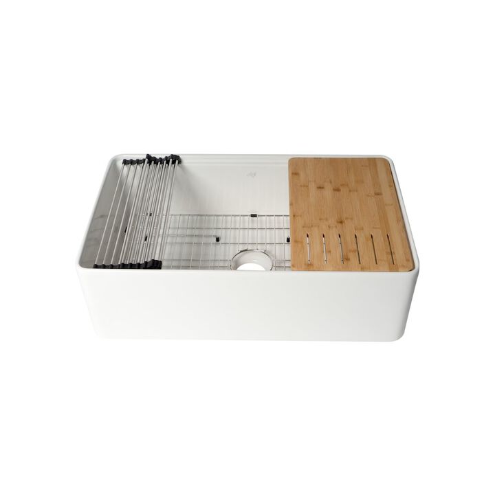 ALFI brand White Smooth Apron Workstation 33 x 20 Single Bowl Step Rim Fireclay Farm Sink