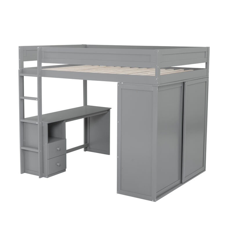 Whisen Wood Full Size Loft Bed with Wardrobes and 2-Drawer Desk with Cabinet - Gray