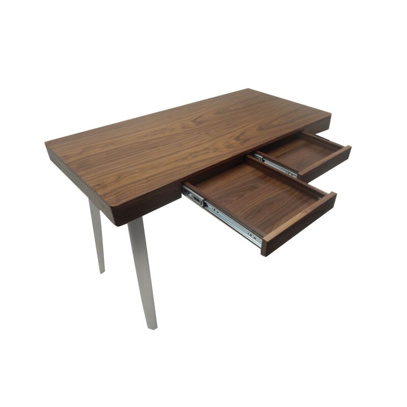 Hle 47 Inch Desk, Walnut Brown Wood Top, 2 Drawers, High Polished Steel - Benzara
