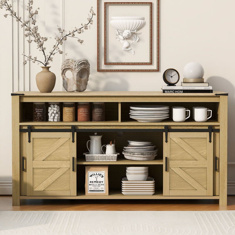 Merax Sideboard with Sliding Barn Door and Mesh Panels,Farmhouse Buffet with Open Storage image number 1