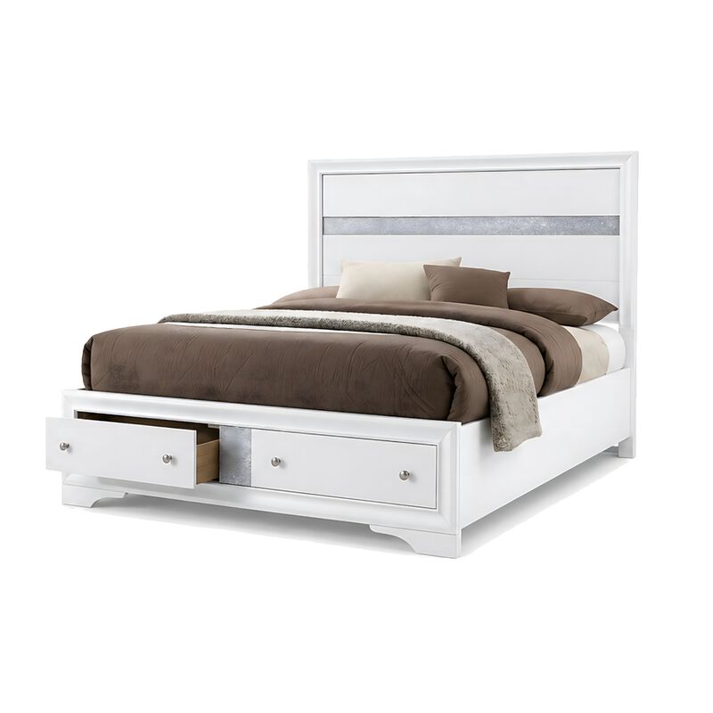 Cevy 5pc Queen Bedroom Set, 2 Nightstands, Silver Accents, White Wood image number 2