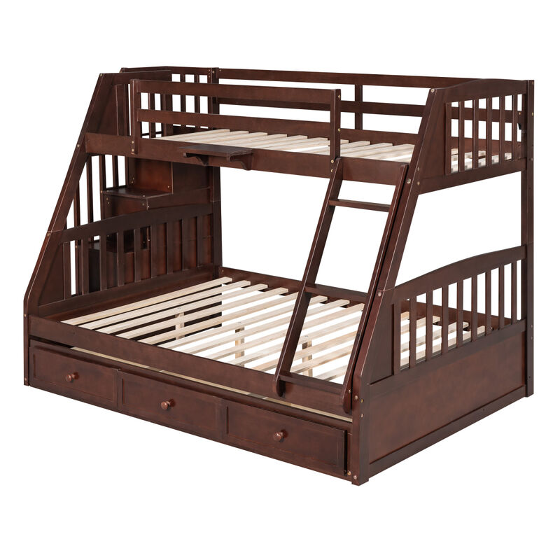 Twin-Over-Full Bunk Bed with Drawers, Ladder and Storage Staircase, Espresso