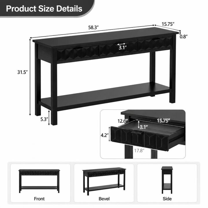 GOODSILO 58.3'' Fir Veneer Entryway Console Table with 3 Honeycomb Drawers Open Bottom Shelf for Living Room Hallway Study Foyer