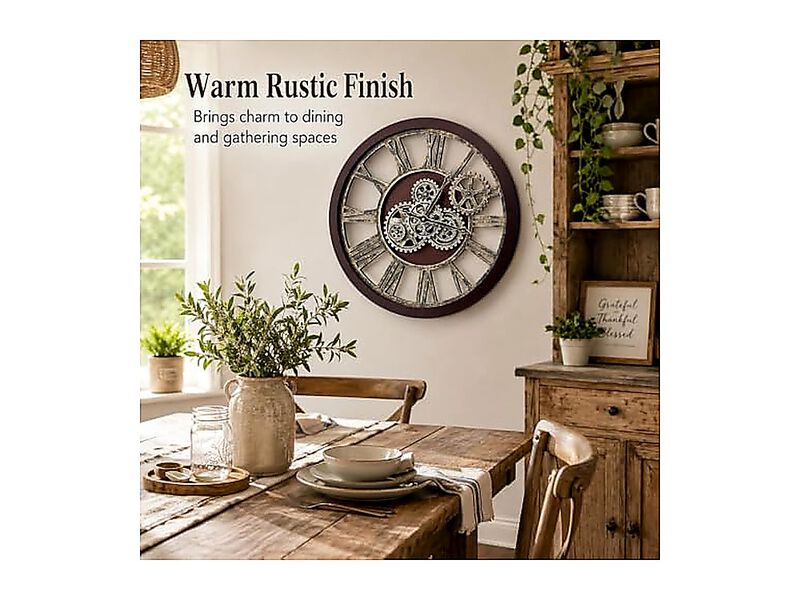 Style Large Wall Clock 24 Inch Cherry Red Bronze Real Moving Gears Rustic Retro image number 2