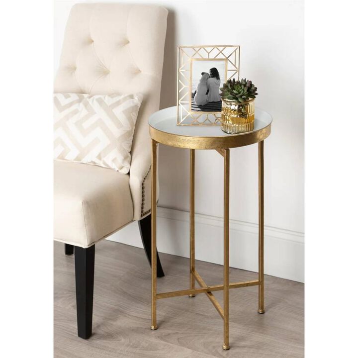 Hivvago Gold Finish Metal Round End Table Nightstand with Removable Teal Tray Top