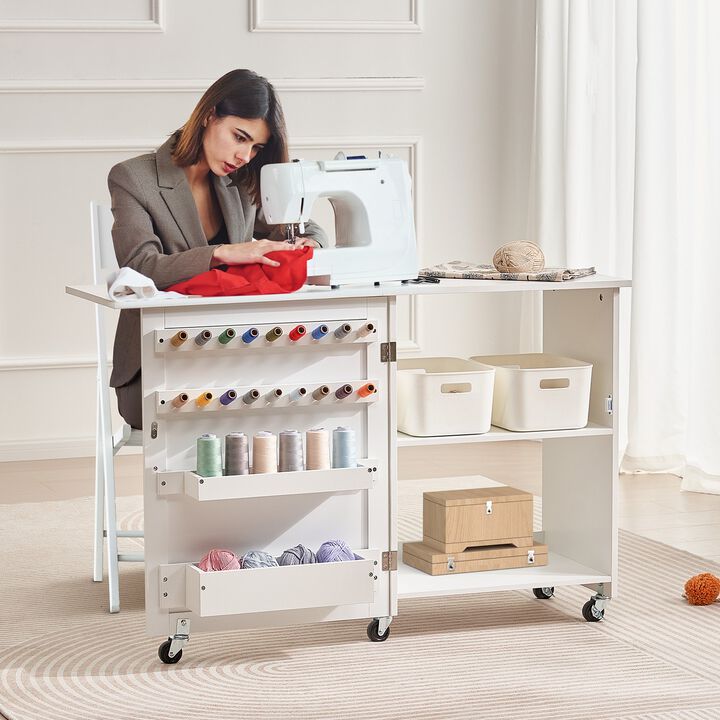 Folding Sewing Table with Storage Cabinet, Wheels, Shelves and Magnetic Doors