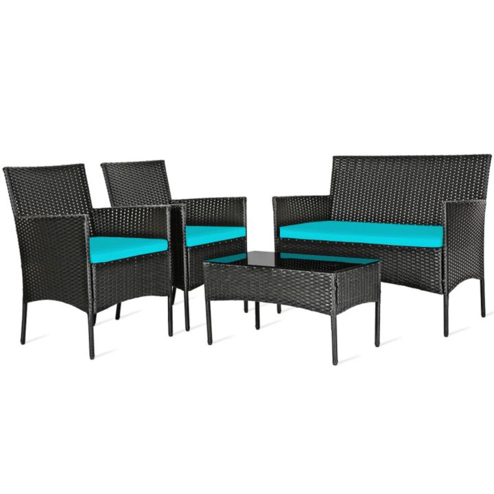 Hivvago 4 Pieces Patio Rattan Cushioned Sofa Set with Tempered Glass Coffee Table