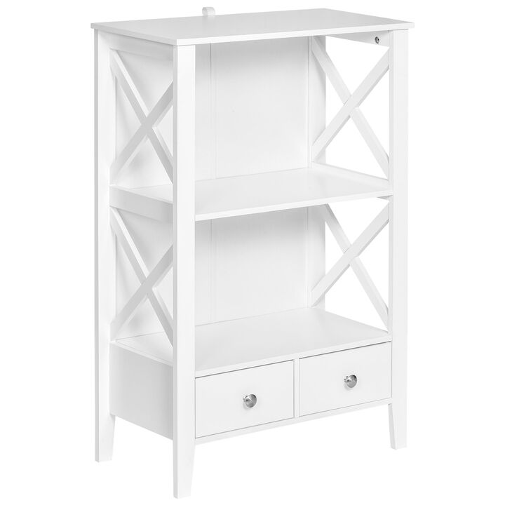 X- Frame Freestanding Floor Bathroom Storage with Two Drawers  Storage Organizer  Cabinet with 3 Shelves  White