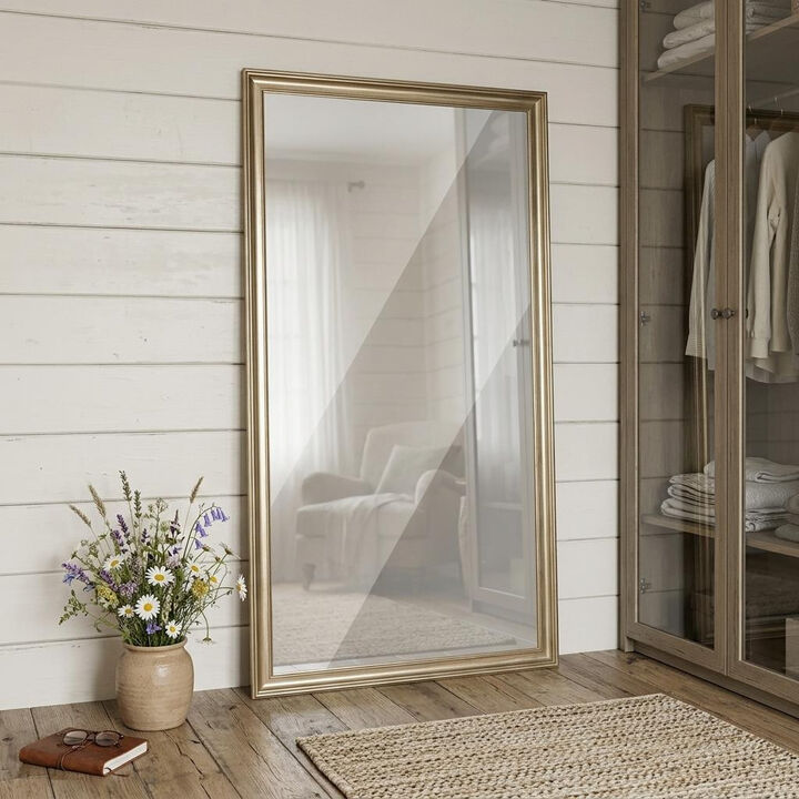 HomeRoots 71" Golden Brown Wood Wall Mounted And Leaning Framed Full Length Mirror