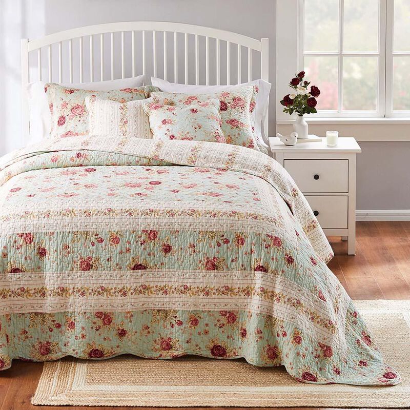 Greenland Home Antique Rose Bright Florals and Whimsical Songbirds Bedspread Set 3-Piece