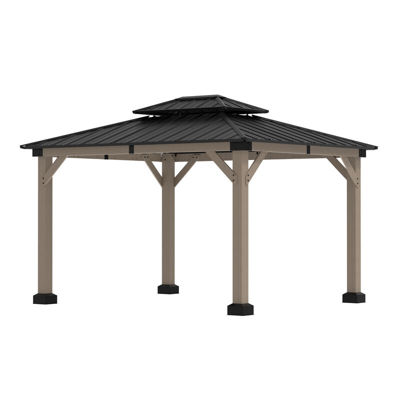 MONDAWE 10 ft. x 12 ft. Outdoor Cedar Wood Frame Outdoor Gazebo Galvanized Steel Hardtop Canopy Outdoor Shade for Deck Garden Concrete Platform