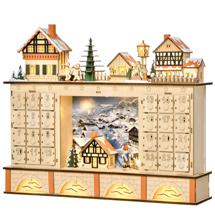 Christmas Advent Calendar, Light Up Wooden Store w/ Countdown Drawer, Village