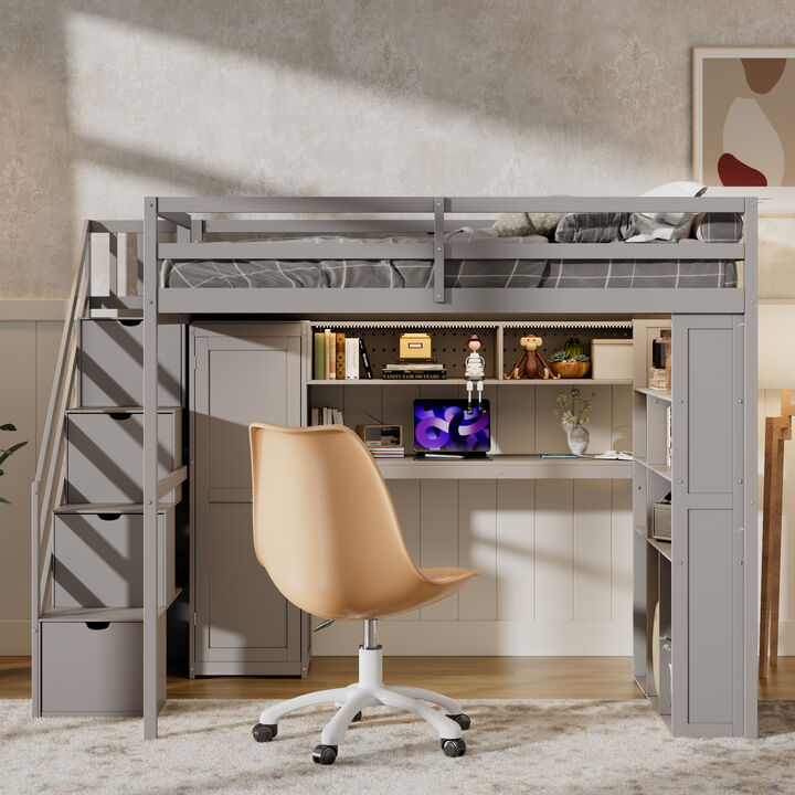 Merax Full Size All-in-One Loft Bed with Wardrobe, Desk & LED Lights
