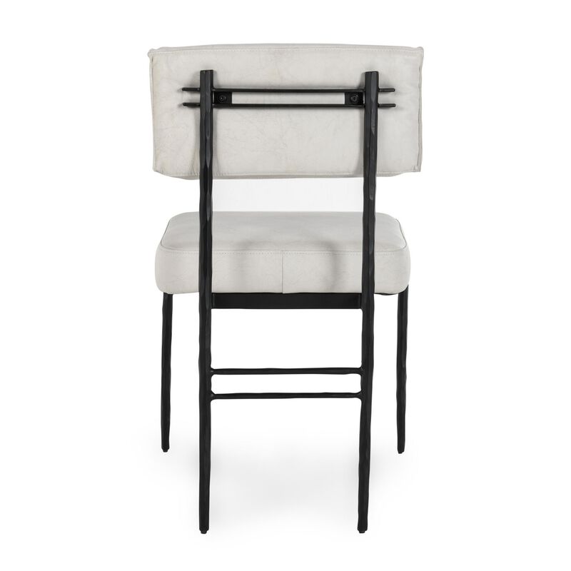 Keto Dining Chair Set of 2, Off White Leather, Black Hammered Iron - Benzara