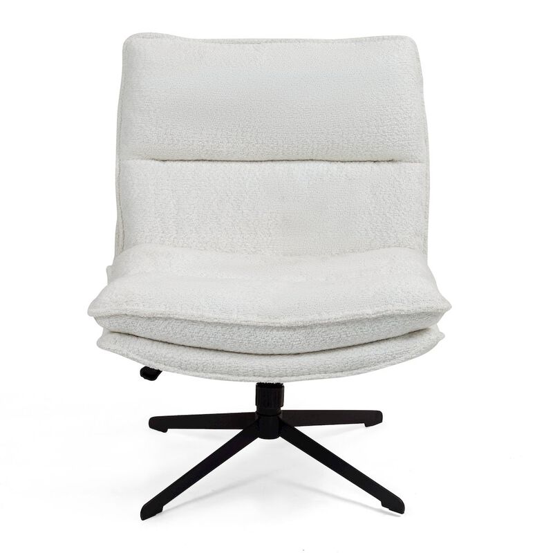 Glamour Home Benecia White Boucle Upholstered Fabric Accent Chair Black Metal Swivel Legs