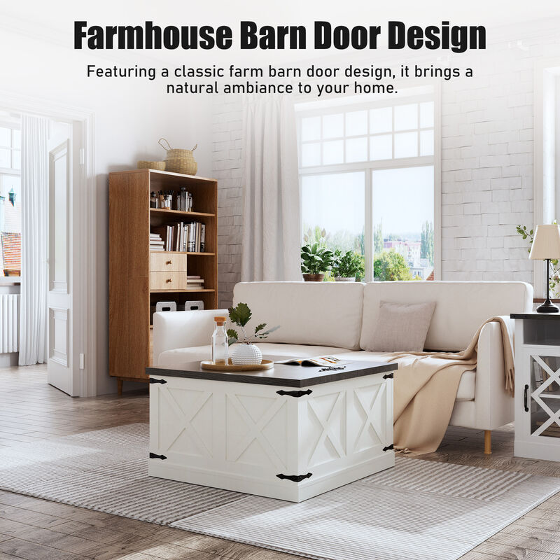 Farmhouse Square Coffee Table Wooden Center Table Rustic Cocktail Table with Hinged Lift Top and Large Hidden Storage Compartment, White