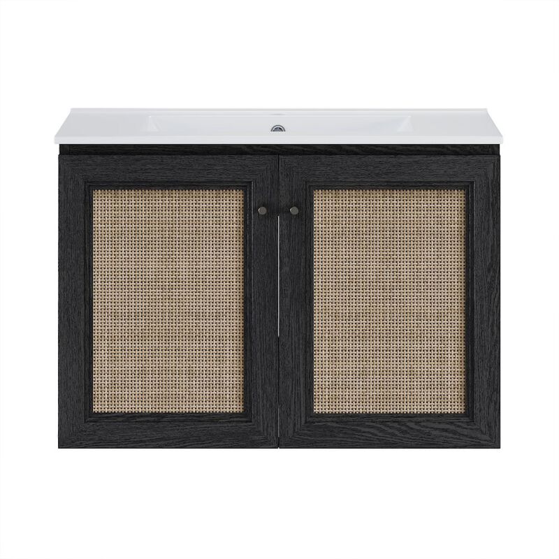 30" Wall-Mounted Bathroom Vanity in Black Oak with Single Faucet Hole Vanity Top image number 0