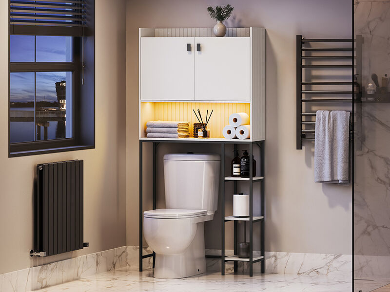 BELLEZE Over The Toilet Storage Cabinet with LED Light, Freestanding Above Toilet Rack with Adjustable Shelf, Bathroom Space Savers Anti-Tipping Device Included - Murano (White)
