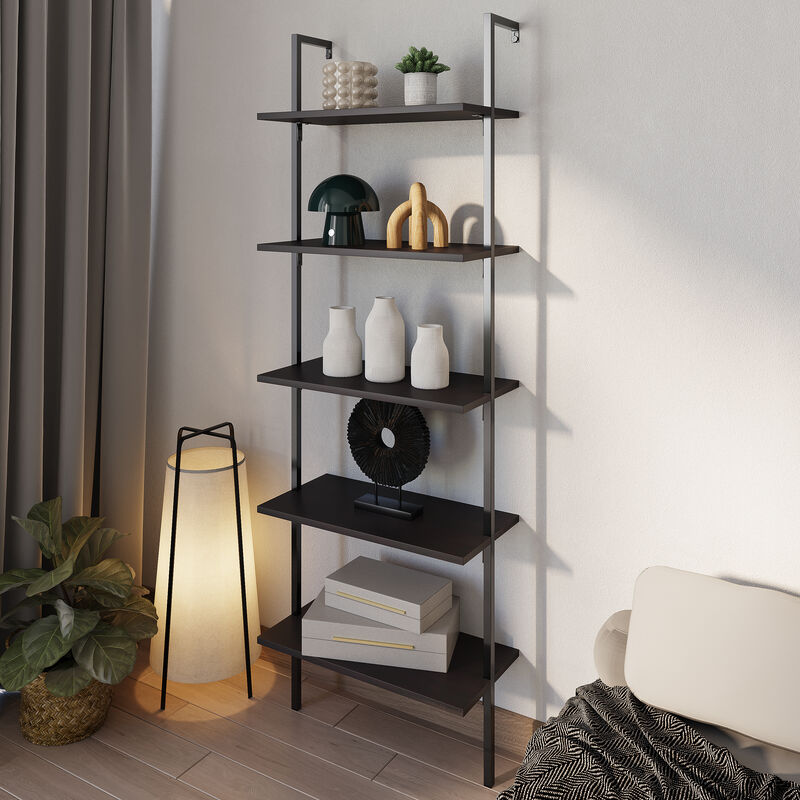 Madera  Industrial 5-Shelf Wood Wall-Mounted Open Ladder Bookcase