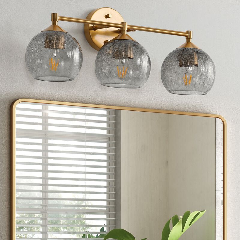 Gold Bathroom Vanity Light, Three-Light Gray Crackle Glass Shades image number 6