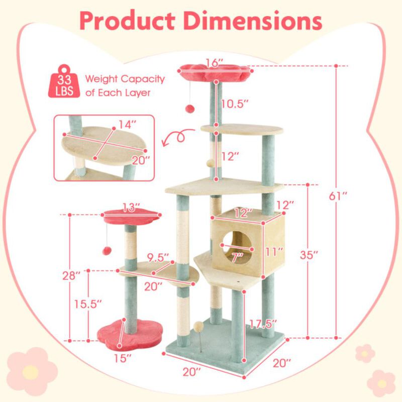 Hivvago 61 Inch Multi-Level Aesthetic Floral Kitten Tower with Flower-Shaped Padded Perch