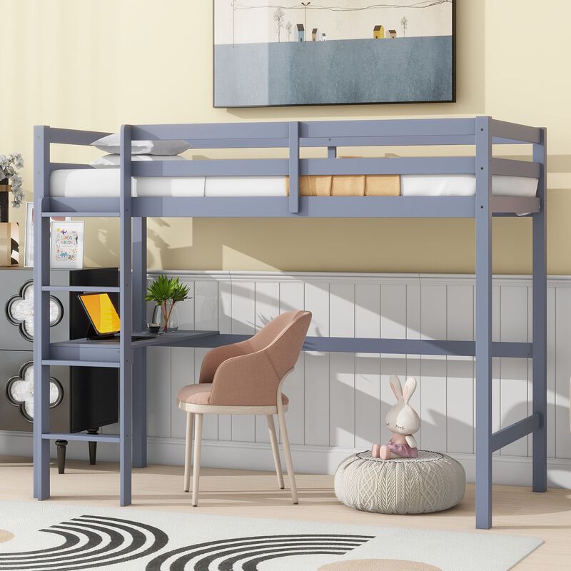 Whisen Twin High Loft Bed, Rubber Wood Loft Bed with Ladder, Safety Guardrail and built-in desk - Gray