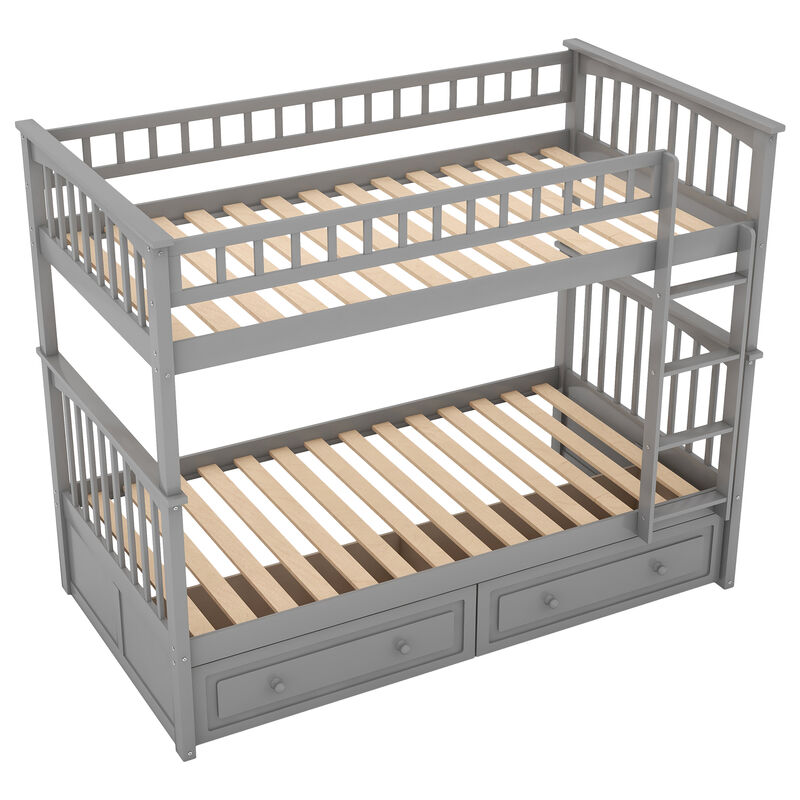 Whisen Twin over Twin Bunk Bed with Drawers, Convertible Beds - Gray