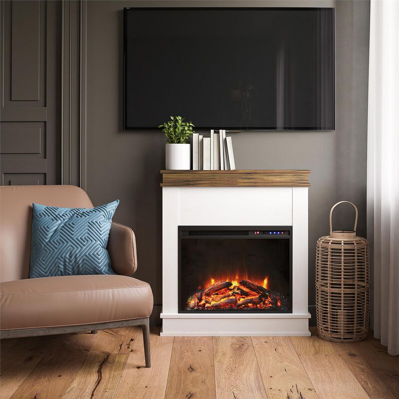 Mateo Electric Fireplace with Mantel and Touchscreen Display, Ivory Oak with Rustic Mantel