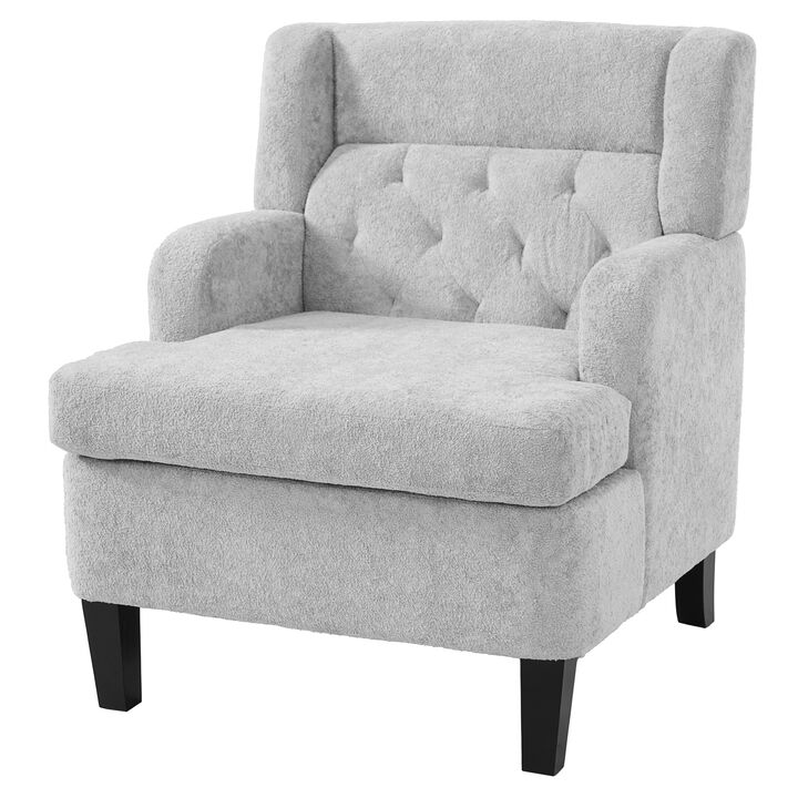 Merax Modern Tufted Plush Fabric Accent Armchair with Solid Rubber Wood Legs
