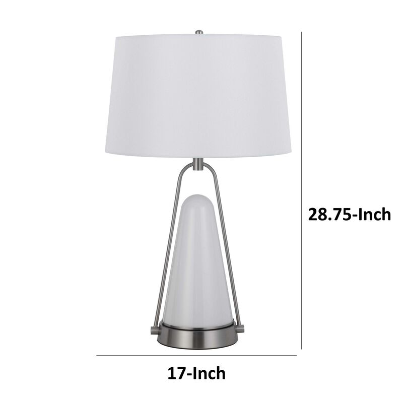 29 Inch Table Lamp, LED Lit, White Drum Hardback, Silver Metal and Glass - Benzara