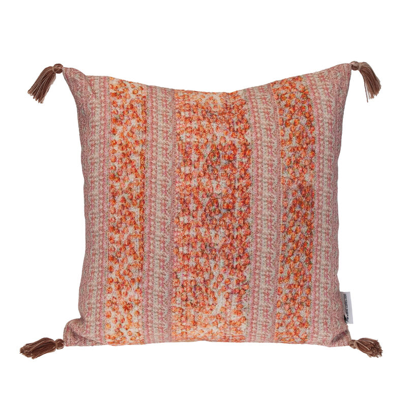 HomeRoots 18" Pink and Orange Cotton Throw Pillow with Tassels image number 0